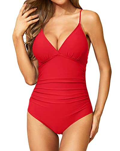 Womens Solid Ruched Hollow Halter Monokinis Tummy Control One