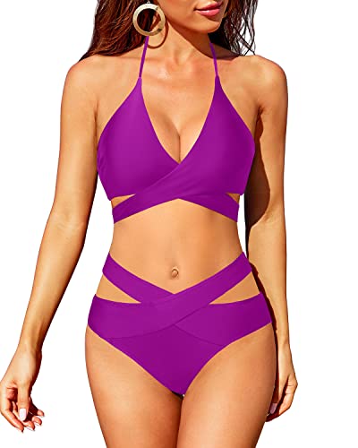 sexy purple bathing suit Sexy Purple 3 Piece Bikini Set Women Halter Diamond PU Leather Skirt  Swimwear 2025 Summer Bathing Suit Cover Up Thong Swimsuit main image 1