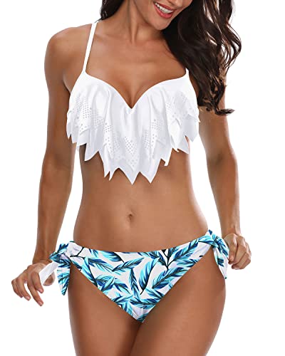 Laser Cut Out Pattern Handkerchief Colorblock Bikini For Women-White Leaf