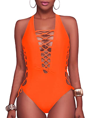 Lace Up Monokini Plunge V Neck One Piece Swimsuits-Neon Orange Holipick Lace Up Monokini Plunge V Neck One Piece Swimsuits-Neon Orange Holipick