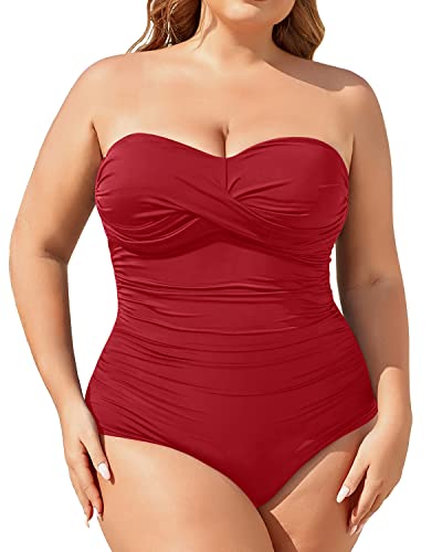 Plus Size Bandeau Slimming Ruched Tummy Control One Piece Swimsuit Red Holipick