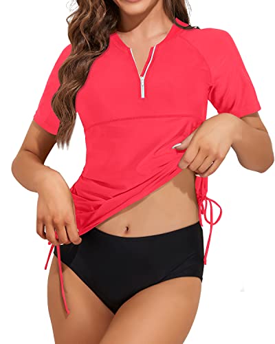 Short Sleeve Swim Shirt With Bottom Built In Bra Zipper Upf50 For Wome –  Holipick