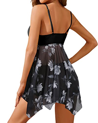 Ladies V Neck Halter Dress Bathing Suit Swimdress Swimsuits-Black