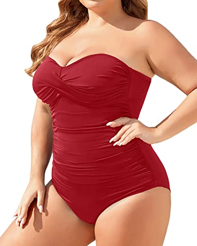 Plus Size Bandeau Slimming Ruched Tummy Control One Piece Swimsuit-Red 14W / red5 Plus Size Bandeau Slimming Ruched Tummy Control One Piece Swimsuit-Red 14W / red5