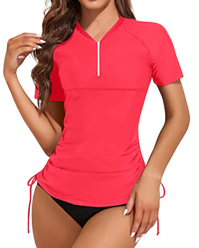 Short Sleeve Swim Shirt With Bottom Built In Bra Zipper Upf50 For Women-Red